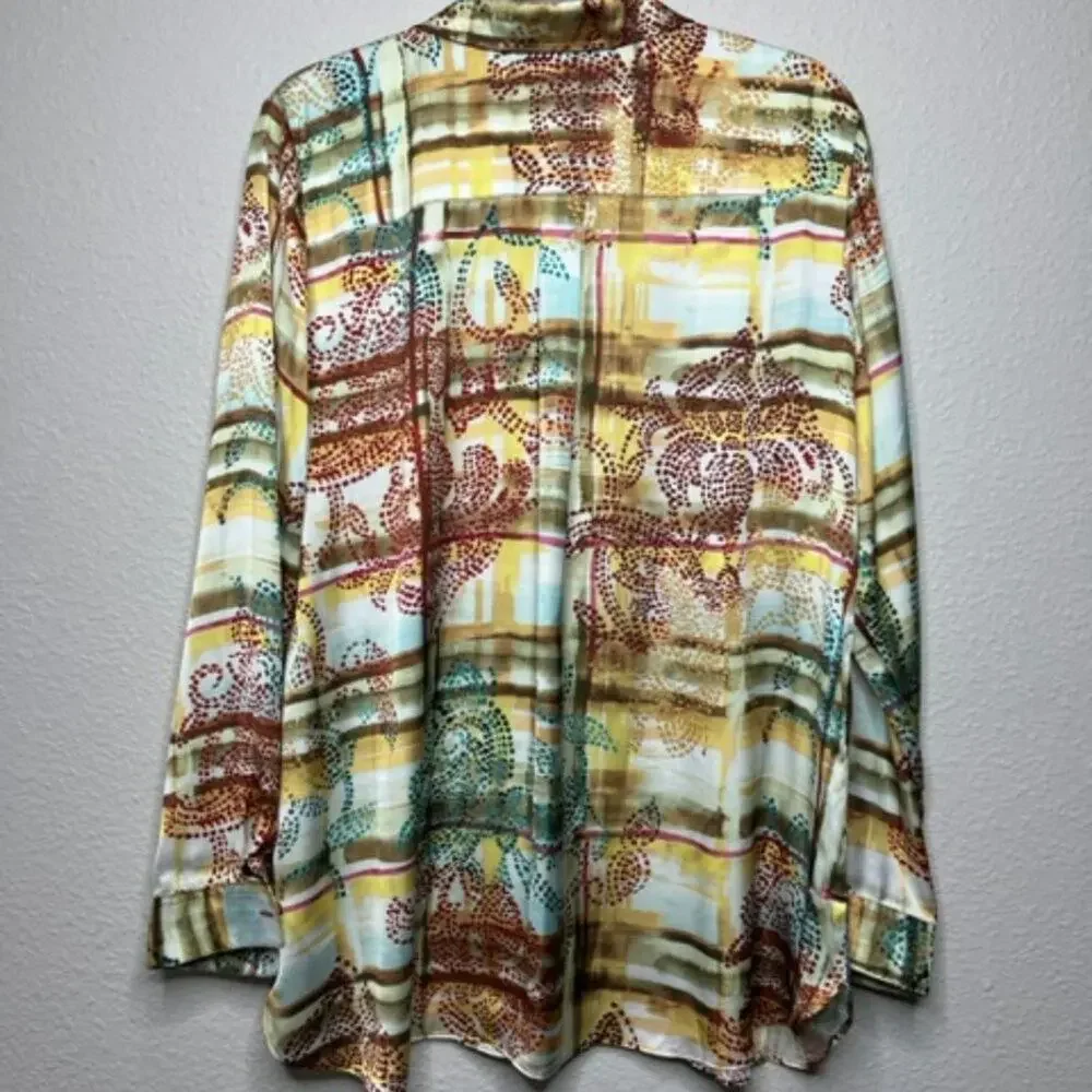 Susan Graver Luxe Print Tunic L Silky Button Front Top - Picture 9 of 9